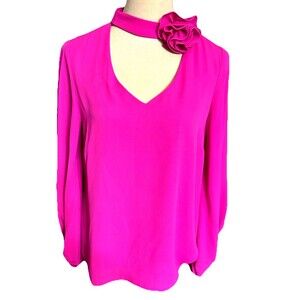 Cece Hot Pink Cutout Flower V Neck Chiffon Long Sleeves Lined Top Womens Size S